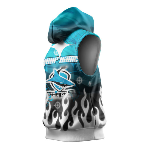 Personalized Cronulla-Sutherland Sharks Sleeveless Hoodie Y2K Grunge Aesthetic With Cyber Flames and Starburst Graphics