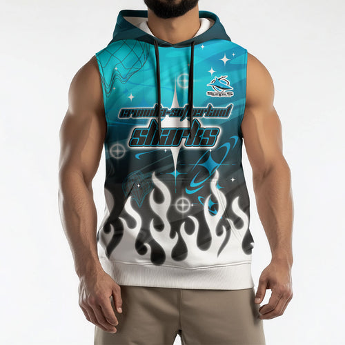 Personalized Cronulla-Sutherland Sharks Sleeveless Hoodie Y2K Grunge Aesthetic With Cyber Flames and Starburst Graphics