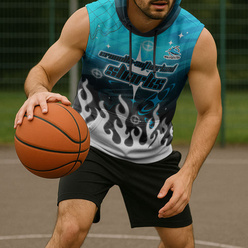 Personalized Cronulla-Sutherland Sharks Sleeveless Hoodie Y2K Grunge Aesthetic With Cyber Flames and Starburst Graphics