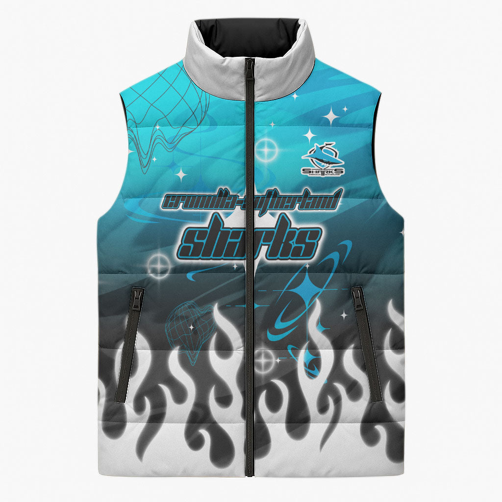 Personalized Cronulla-Sutherland Sharks Sleeveless Puffer Jacket Y2K Grunge Aesthetic With Cyber Flames and Starburst Graphics