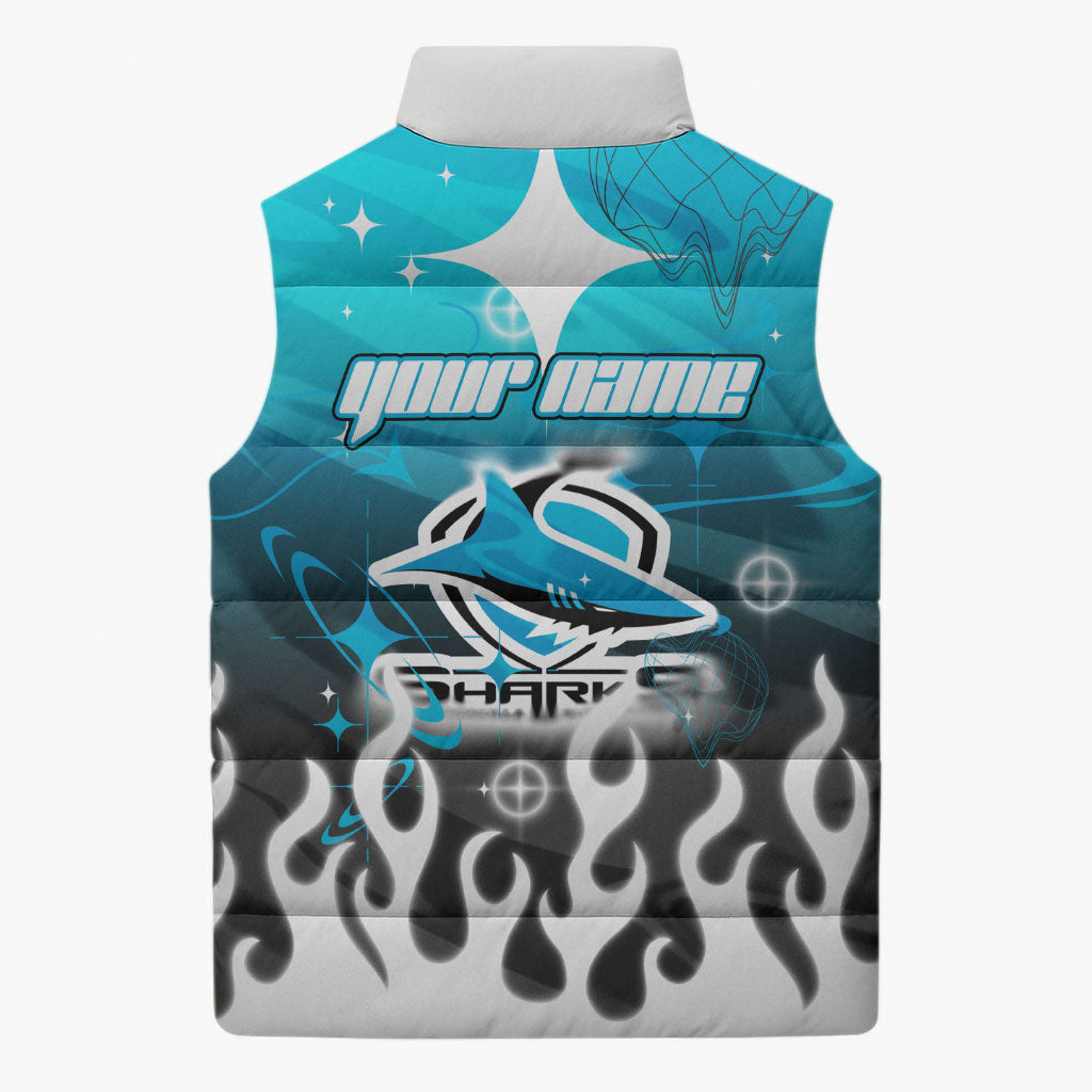 Personalized Cronulla-Sutherland Sharks Sleeveless Puffer Jacket Y2K Grunge Aesthetic With Cyber Flames and Starburst Graphics