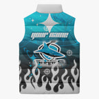 Personalized Cronulla-Sutherland Sharks Sleeveless Puffer Jacket Y2K Grunge Aesthetic With Cyber Flames and Starburst Graphics