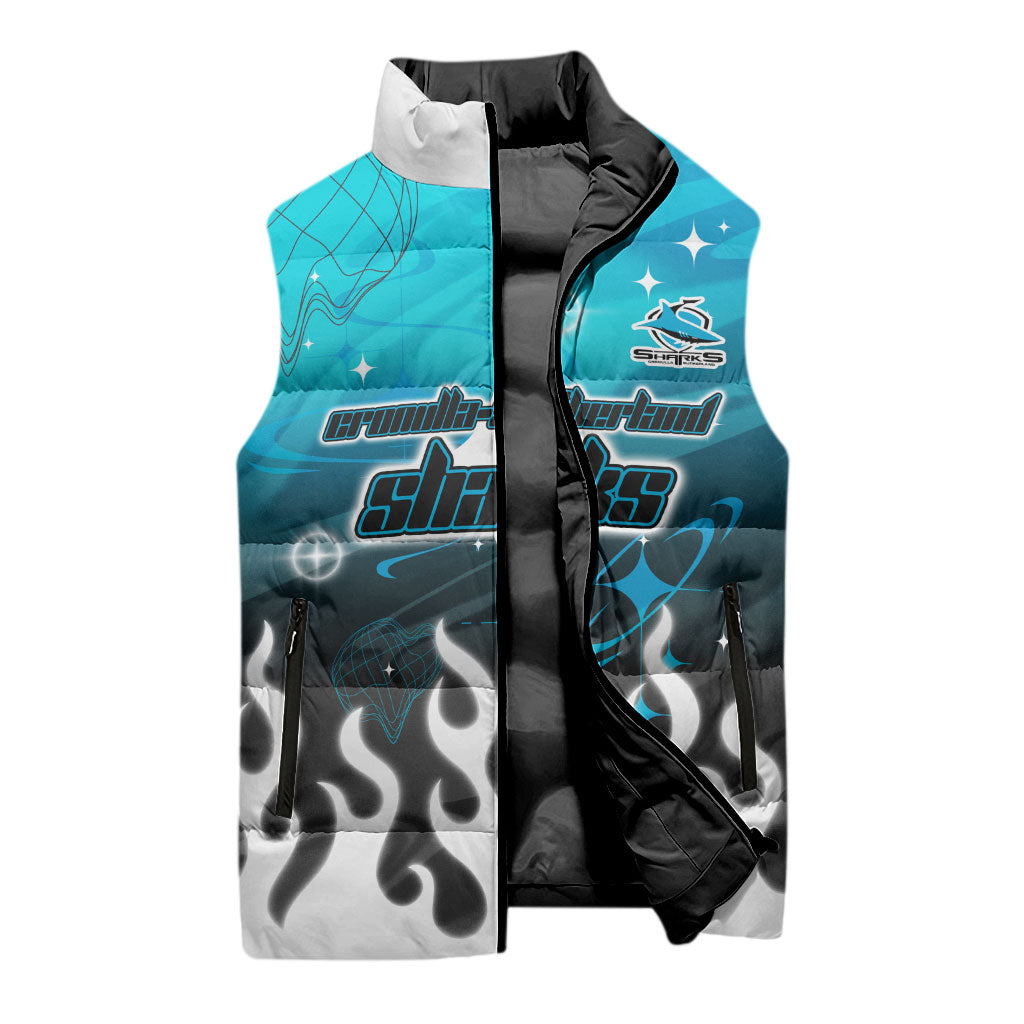 Personalized Cronulla-Sutherland Sharks Sleeveless Puffer Jacket Y2K Grunge Aesthetic With Cyber Flames and Starburst Graphics