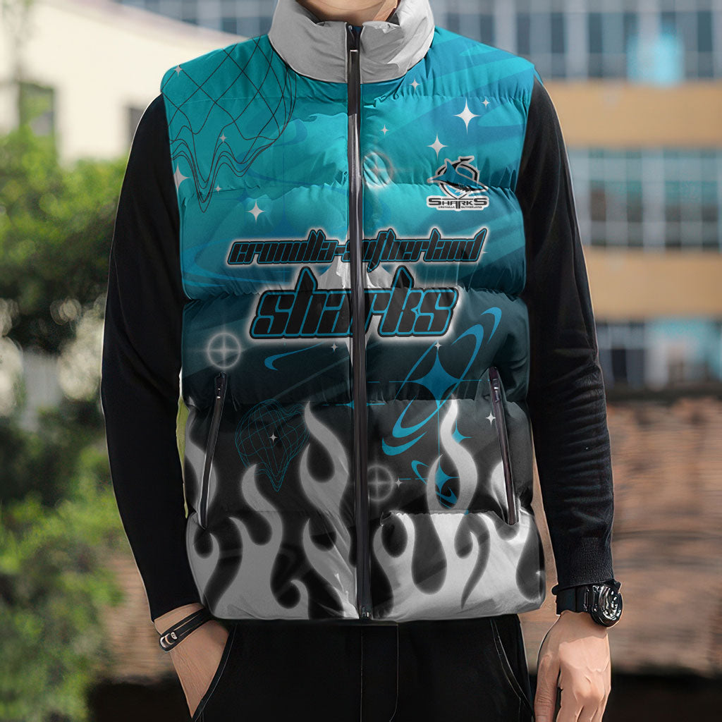 Personalized Cronulla-Sutherland Sharks Sleeveless Puffer Jacket Y2K Grunge Aesthetic With Cyber Flames and Starburst Graphics