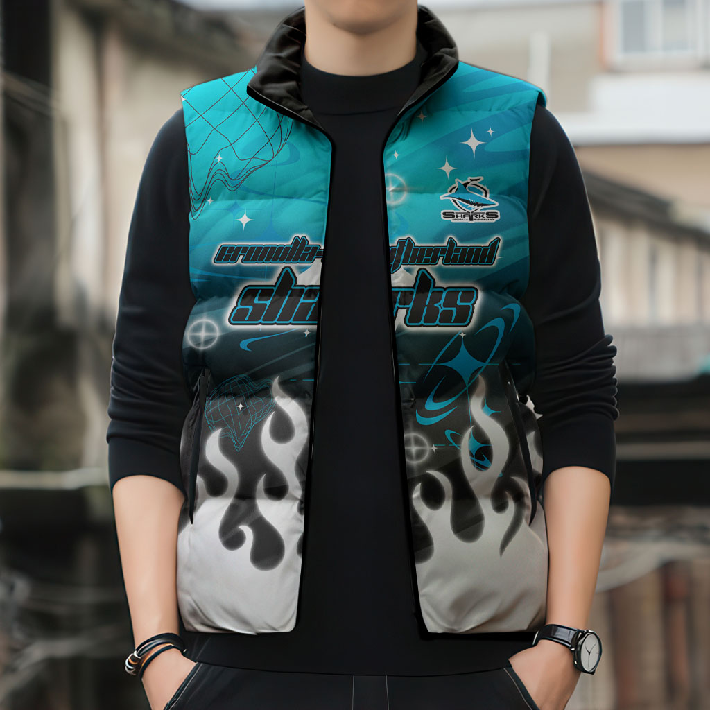 Personalized Cronulla-Sutherland Sharks Sleeveless Puffer Jacket Y2K Grunge Aesthetic With Cyber Flames and Starburst Graphics
