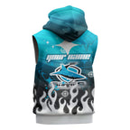 Personalized Cronulla-Sutherland Sharks Sleeveless Zip Hoodie Y2K Grunge Aesthetic With Cyber Flames and Starburst Graphics