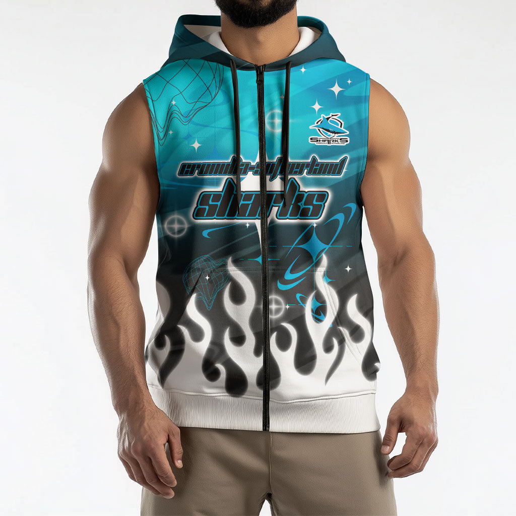 Personalized Cronulla-Sutherland Sharks Sleeveless Zip Hoodie Y2K Grunge Aesthetic With Cyber Flames and Starburst Graphics