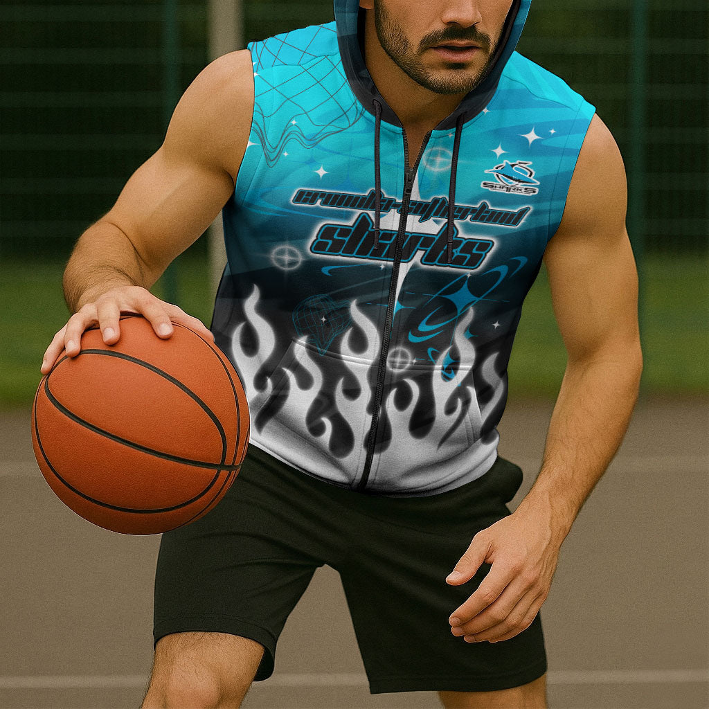 Personalized Cronulla-Sutherland Sharks Sleeveless Zip Hoodie Y2K Grunge Aesthetic With Cyber Flames and Starburst Graphics