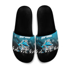 Personalized Cronulla-Sutherland Sharks Slide Sandals Y2K Grunge Aesthetic With Cyber Flames and Starburst Graphics