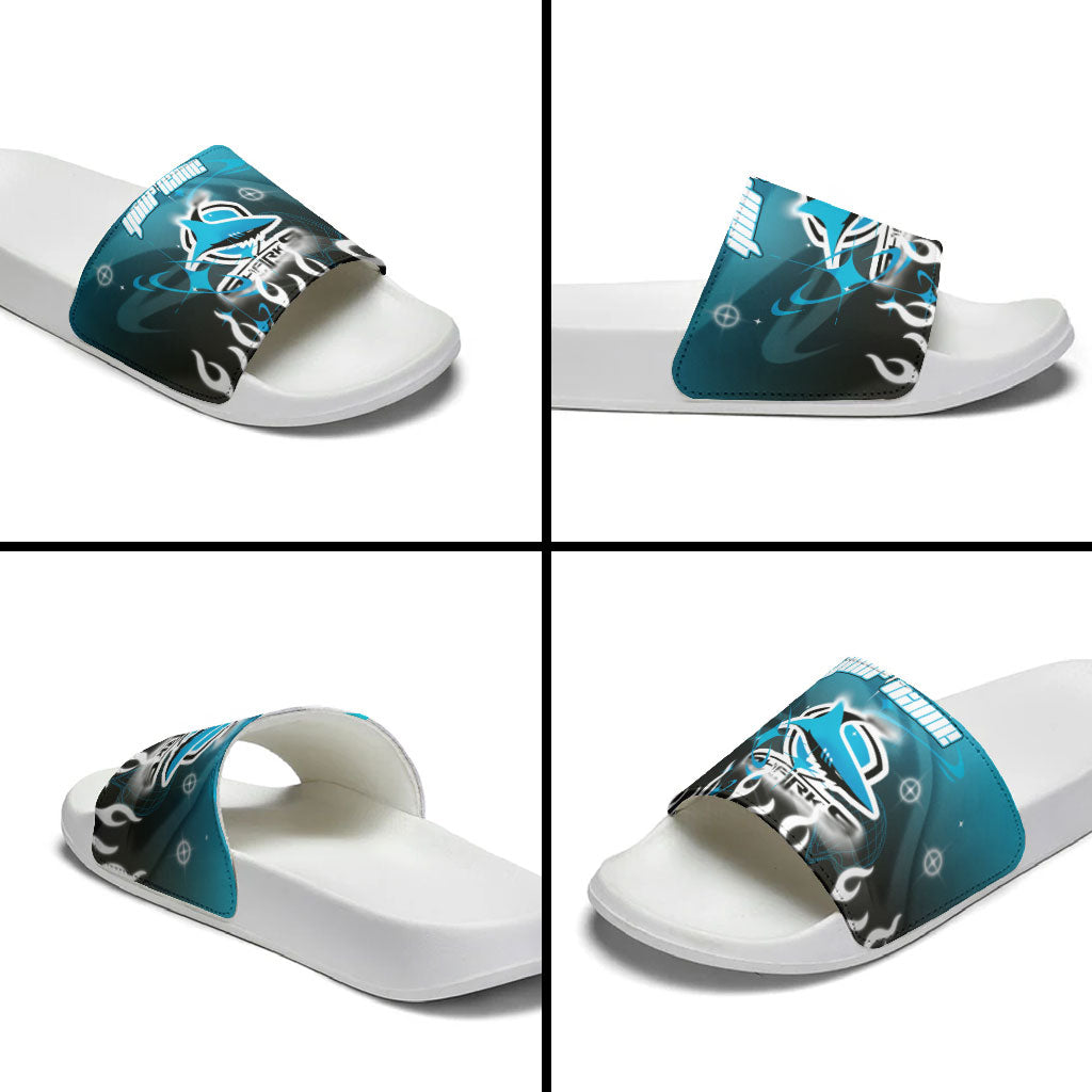 Personalized Cronulla-Sutherland Sharks Slide Sandals Y2K Grunge Aesthetic With Cyber Flames and Starburst Graphics