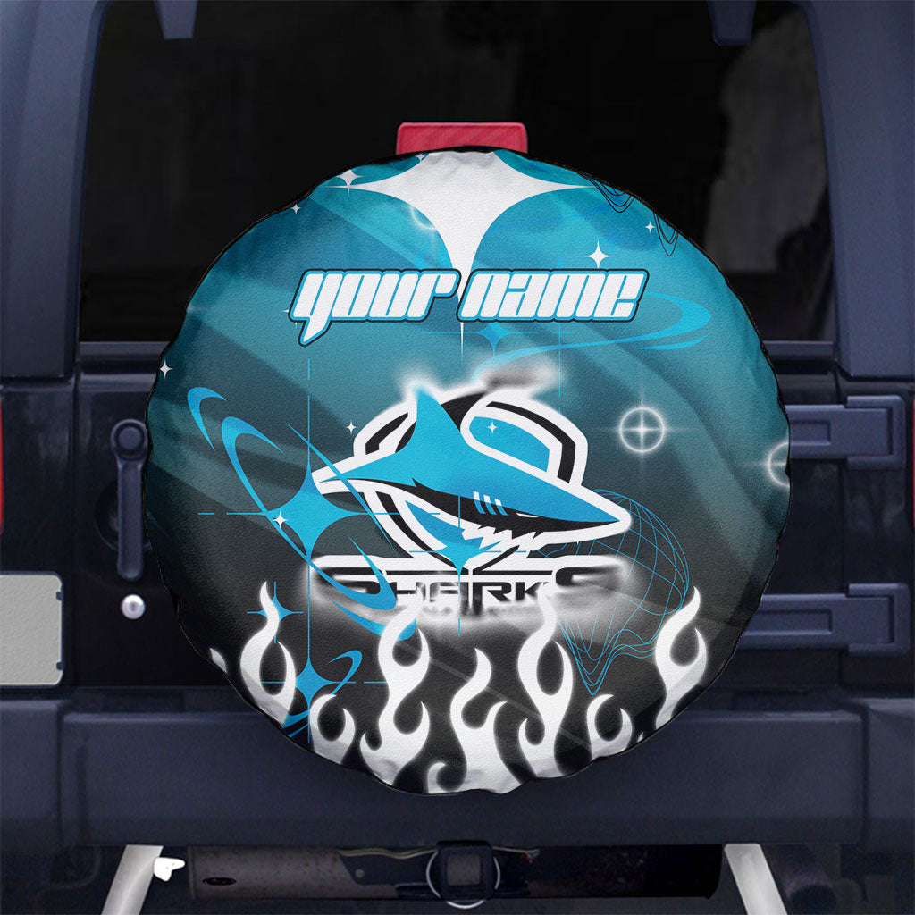 Personalized Cronulla-Sutherland Sharks Spare Tire Cover Y2K Grunge Aesthetic With Cyber Flames and Starburst Graphics