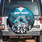 Personalized Cronulla-Sutherland Sharks Spare Tire Cover Y2K Grunge Aesthetic With Cyber Flames and Starburst Graphics