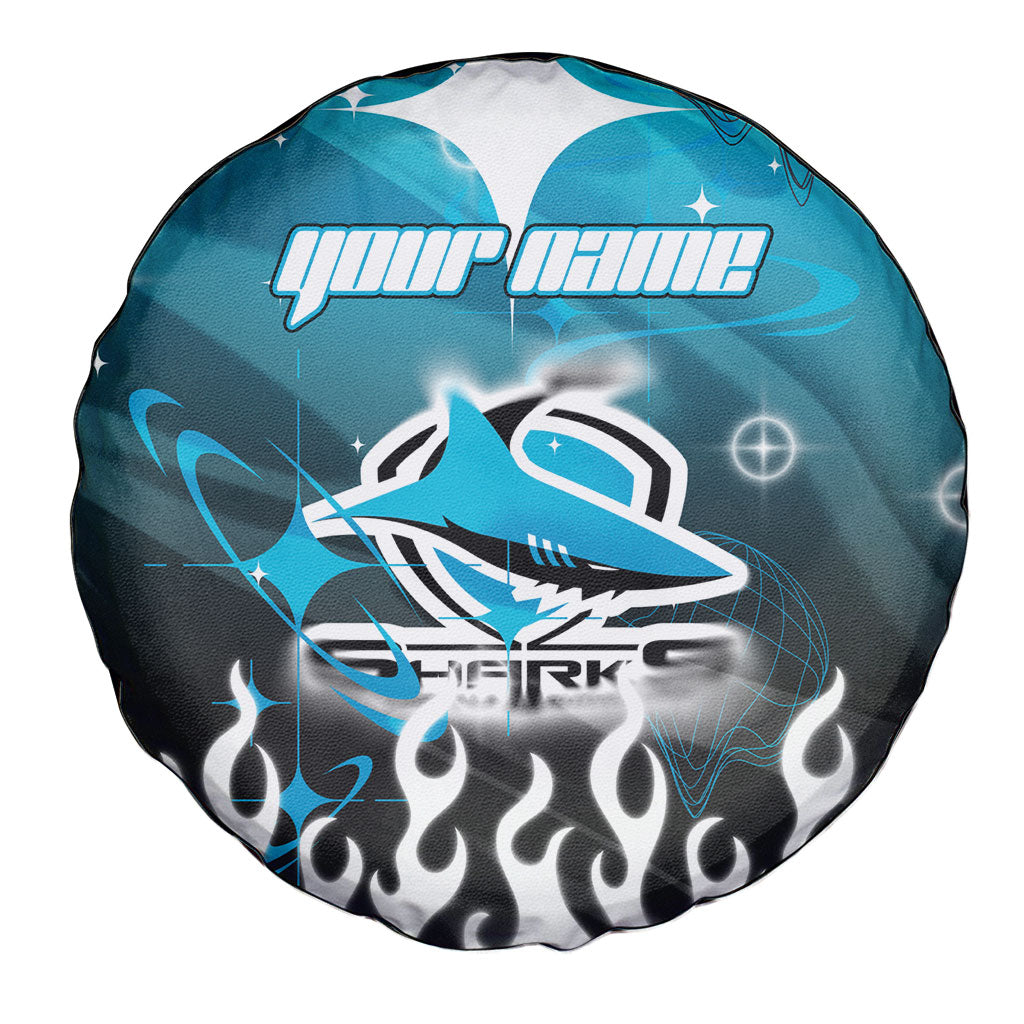 Personalized Cronulla-Sutherland Sharks Spare Tire Cover Y2K Grunge Aesthetic With Cyber Flames and Starburst Graphics