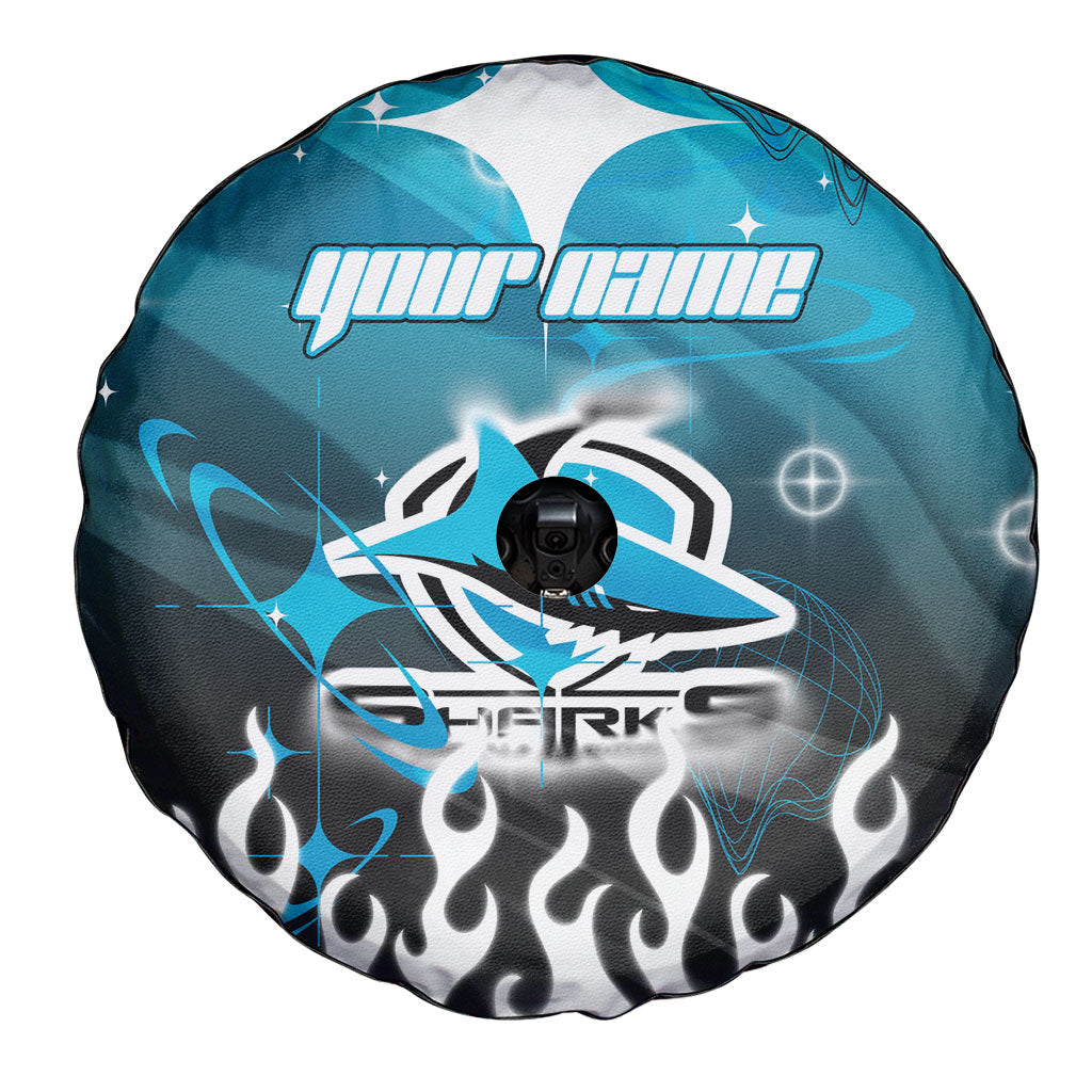 Personalized Cronulla-Sutherland Sharks Spare Tire Cover Y2K Grunge Aesthetic With Cyber Flames and Starburst Graphics