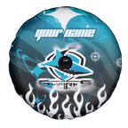 Personalized Cronulla-Sutherland Sharks Spare Tire Cover Y2K Grunge Aesthetic With Cyber Flames and Starburst Graphics