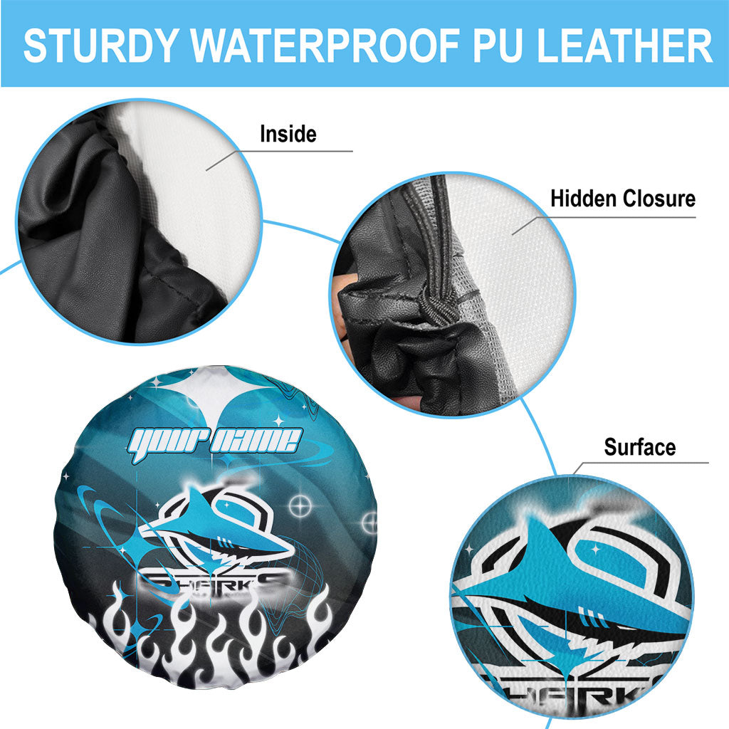 Personalized Cronulla-Sutherland Sharks Spare Tire Cover Y2K Grunge Aesthetic With Cyber Flames and Starburst Graphics