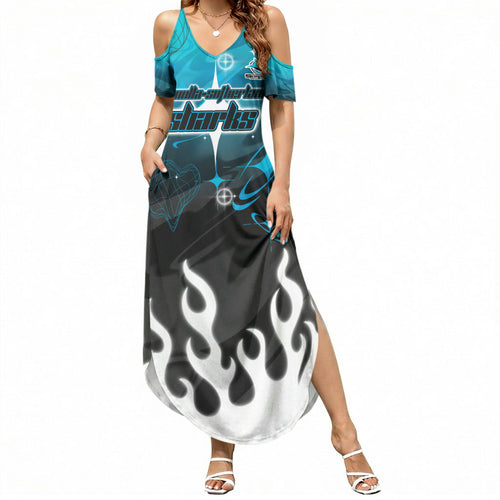 Personalized Cronulla-Sutherland Sharks Summer Maxi Dress Y2K Grunge Aesthetic With Cyber Flames and Starburst Graphics