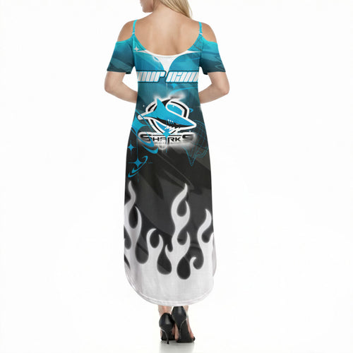 Personalized Cronulla-Sutherland Sharks Summer Maxi Dress Y2K Grunge Aesthetic With Cyber Flames and Starburst Graphics