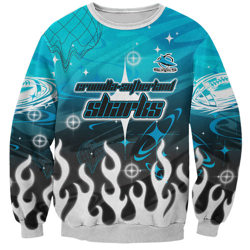 Personalized Cronulla-Sutherland Sharks Sweatshirt Y2K Grunge Aesthetic With Cyber Flames and Starburst Graphics