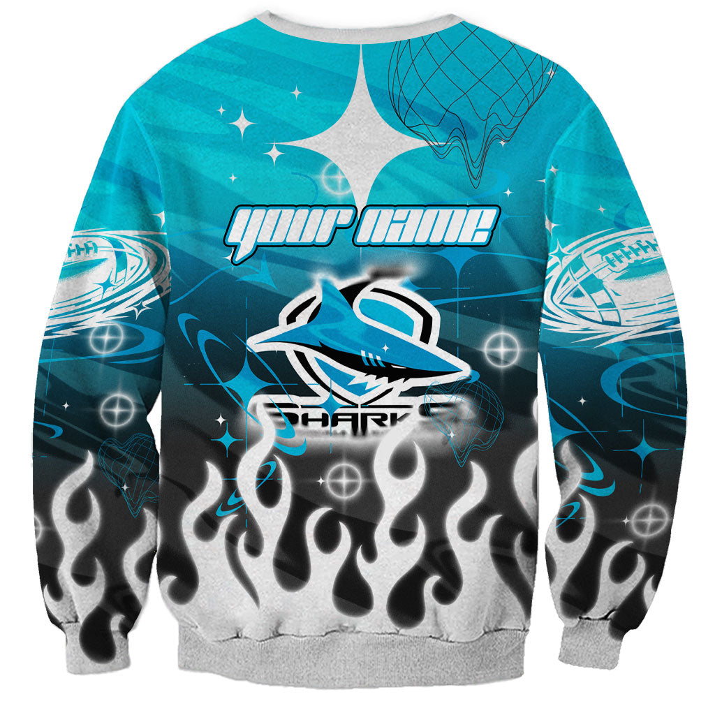 Personalized Cronulla-Sutherland Sharks Sweatshirt Y2K Grunge Aesthetic With Cyber Flames and Starburst Graphics