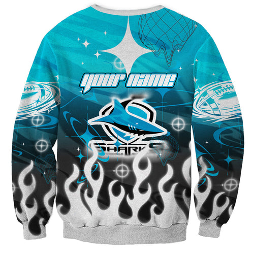 Personalized Cronulla-Sutherland Sharks Sweatshirt Y2K Grunge Aesthetic With Cyber Flames and Starburst Graphics