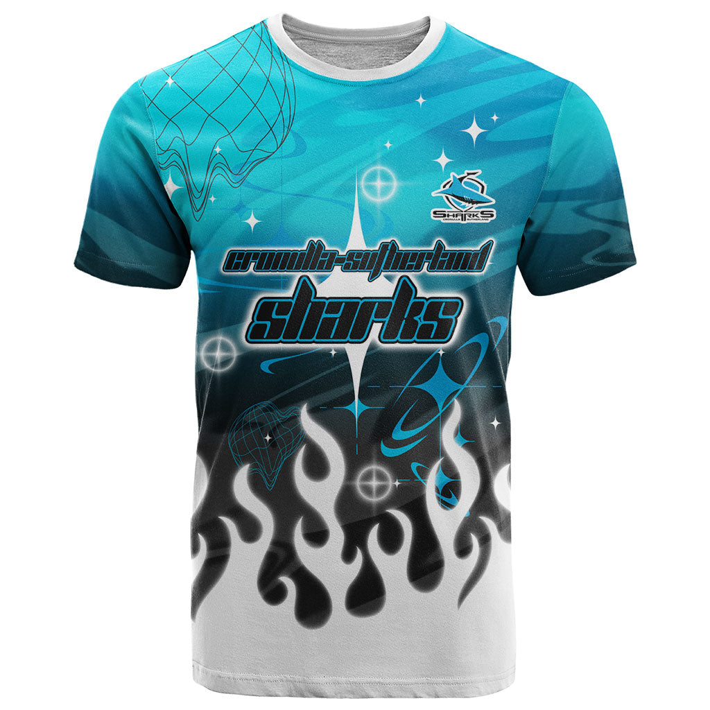 Personalized Cronulla-Sutherland Sharks T Shirt Y2K Grunge Aesthetic With Cyber Flames and Starburst Graphics