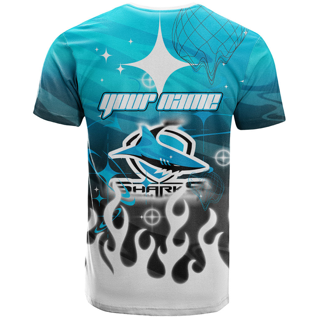 Personalized Cronulla-Sutherland Sharks T Shirt Y2K Grunge Aesthetic With Cyber Flames and Starburst Graphics