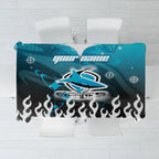 Personalized Cronulla-Sutherland Sharks Tablecloth Y2K Grunge Aesthetic With Cyber Flames and Starburst Graphics
