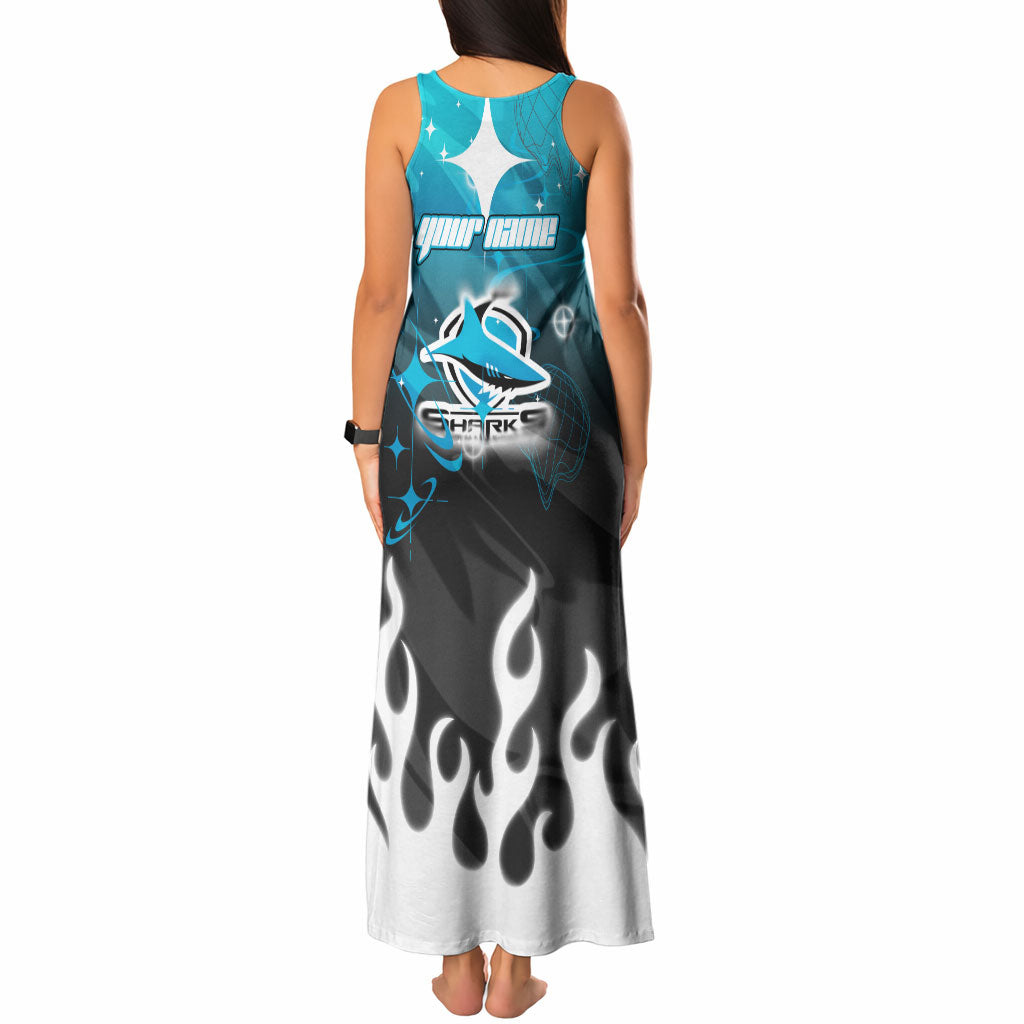 Personalized Cronulla-Sutherland Sharks Tank Maxi Dress Y2K Grunge Aesthetic With Cyber Flames and Starburst Graphics