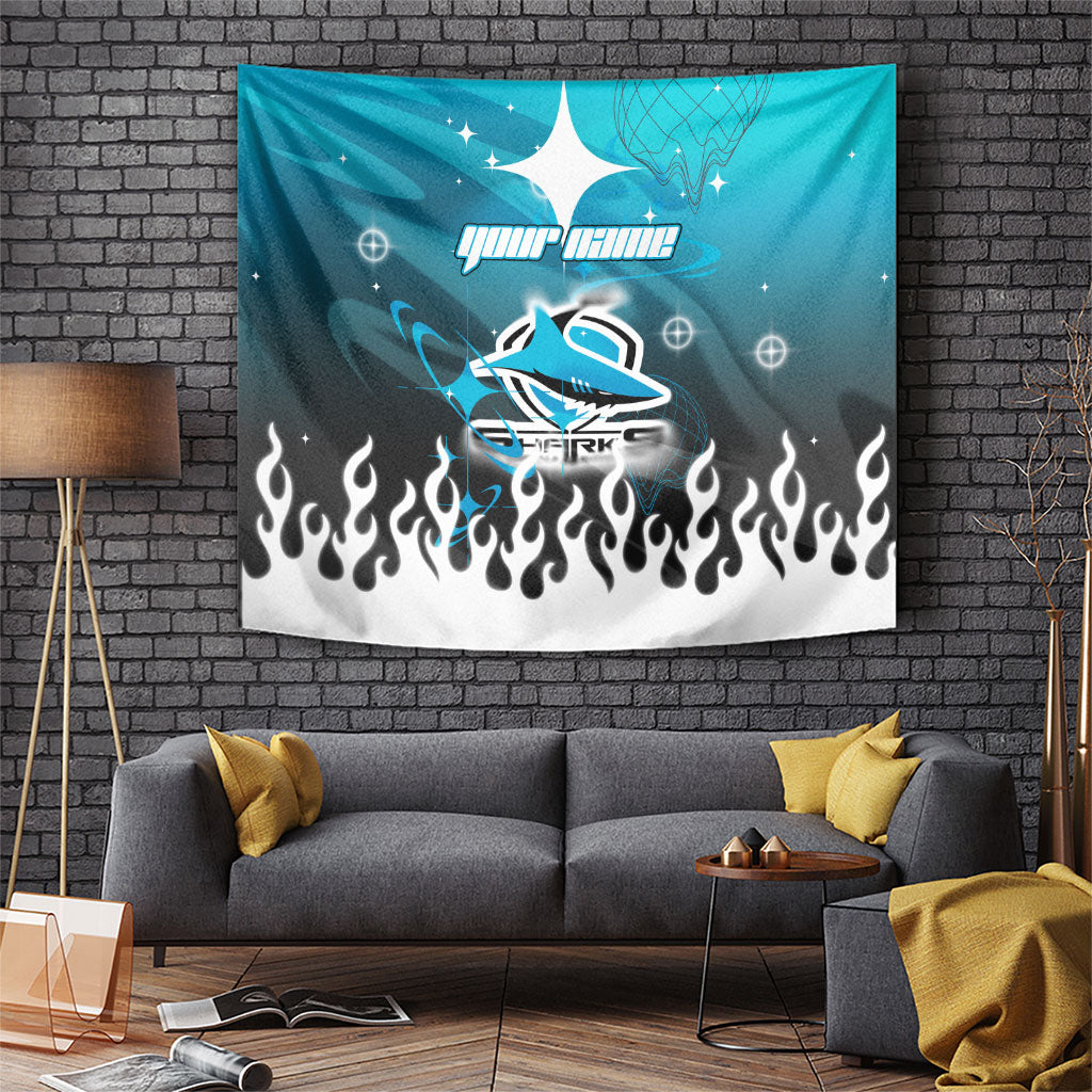 Personalized Cronulla-Sutherland Sharks Tapestry Y2K Grunge Aesthetic With Cyber Flames and Starburst Graphics