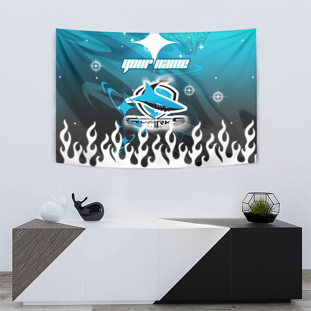 Personalized Cronulla-Sutherland Sharks Tapestry Y2K Grunge Aesthetic With Cyber Flames and Starburst Graphics