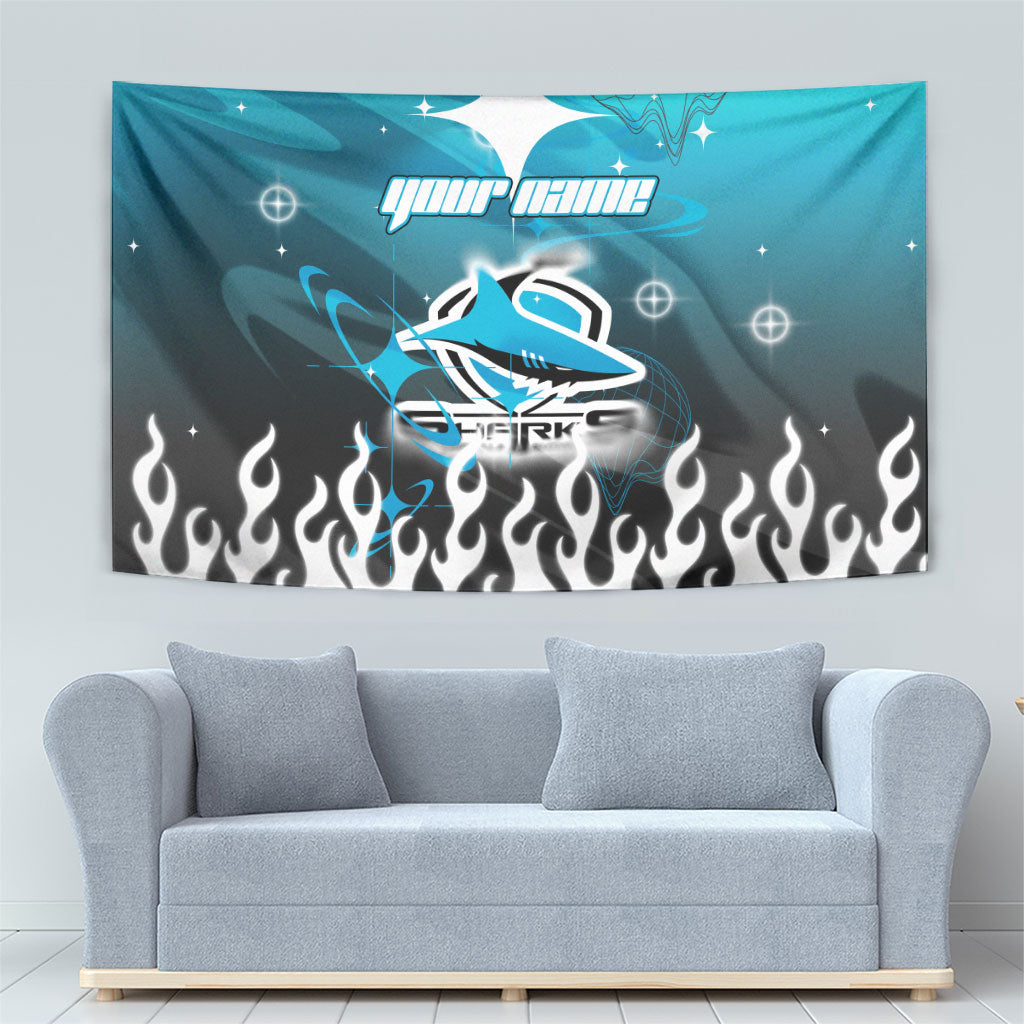 Personalized Cronulla-Sutherland Sharks Tapestry Y2K Grunge Aesthetic With Cyber Flames and Starburst Graphics