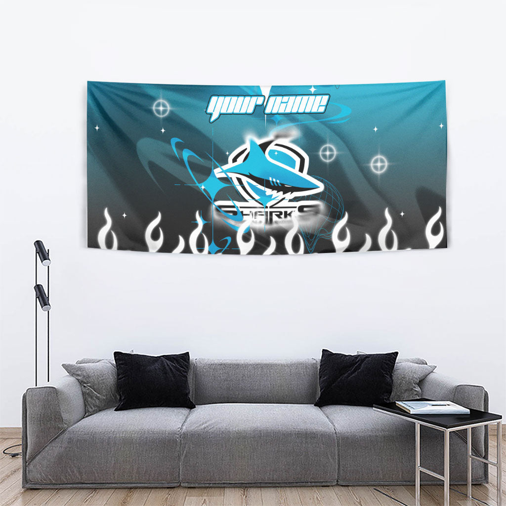 Personalized Cronulla-Sutherland Sharks Tapestry Y2K Grunge Aesthetic With Cyber Flames and Starburst Graphics