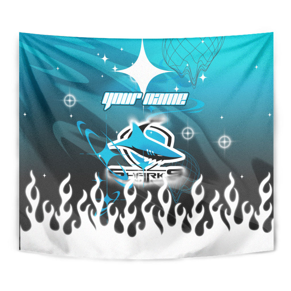Personalized Cronulla-Sutherland Sharks Tapestry Y2K Grunge Aesthetic With Cyber Flames and Starburst Graphics