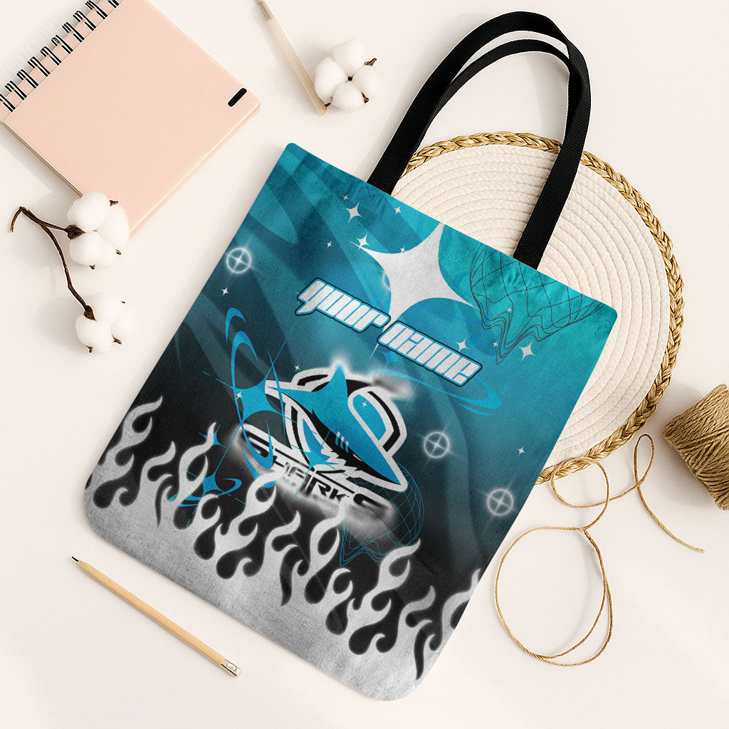 Personalized Cronulla-Sutherland Sharks Tote Bag Y2K Grunge Aesthetic With Cyber Flames and Starburst Graphics