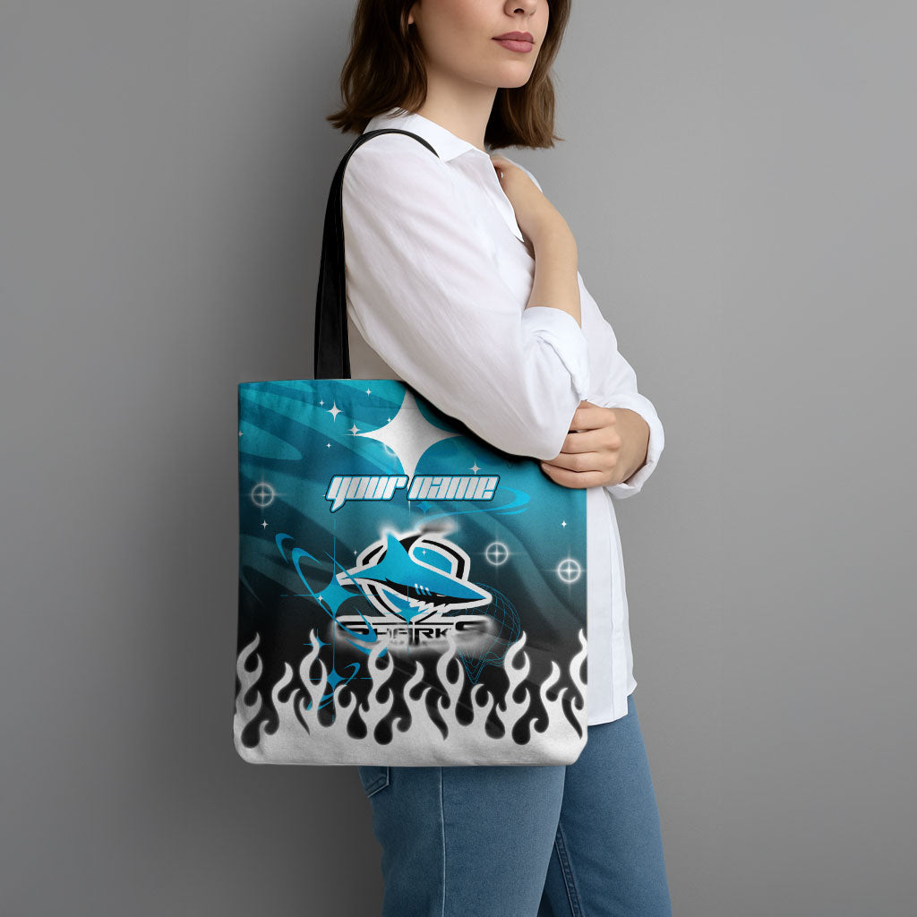 Personalized Cronulla-Sutherland Sharks Tote Bag Y2K Grunge Aesthetic With Cyber Flames and Starburst Graphics