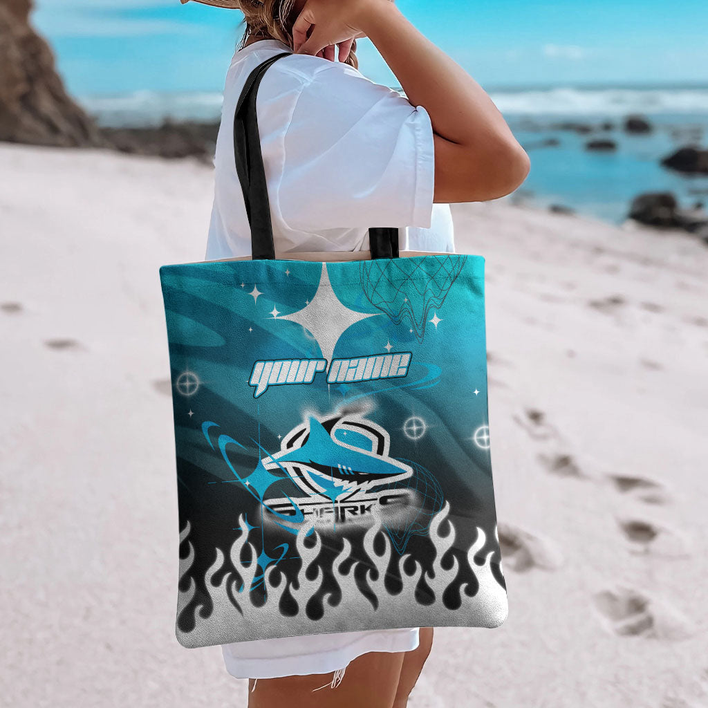 Personalized Cronulla-Sutherland Sharks Tote Bag Y2K Grunge Aesthetic With Cyber Flames and Starburst Graphics