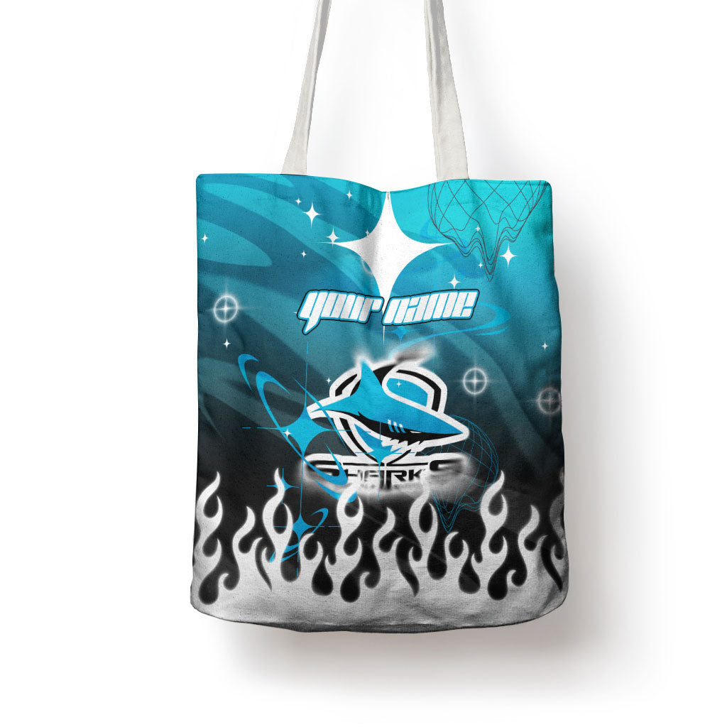 Personalized Cronulla-Sutherland Sharks Tote Bag Y2K Grunge Aesthetic With Cyber Flames and Starburst Graphics
