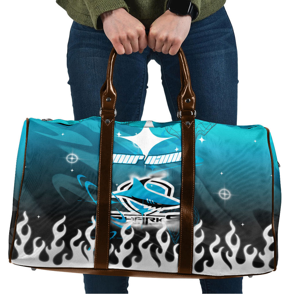 Personalized Cronulla-Sutherland Sharks Travel Bag Y2K Grunge Aesthetic With Cyber Flames and Starburst Graphics
