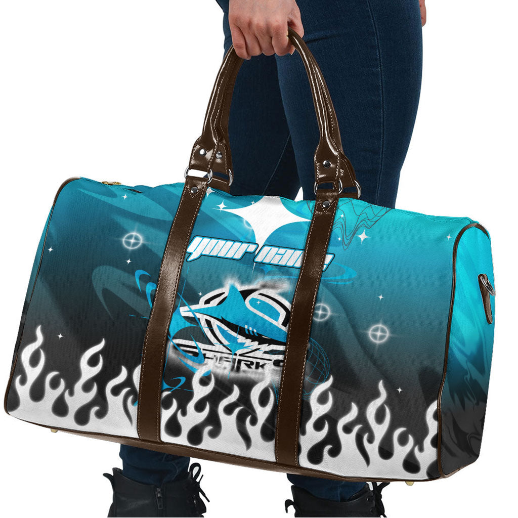 Personalized Cronulla-Sutherland Sharks Travel Bag Y2K Grunge Aesthetic With Cyber Flames and Starburst Graphics