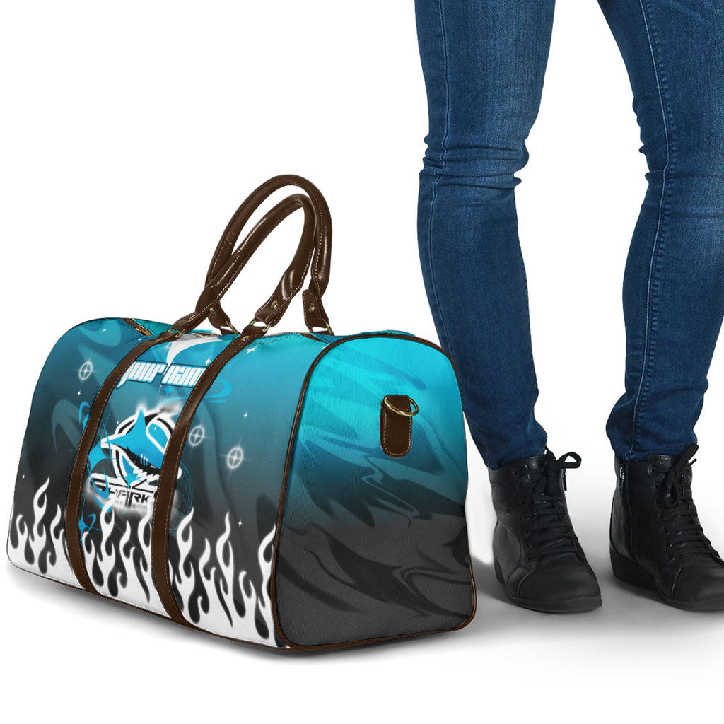Personalized Cronulla-Sutherland Sharks Travel Bag Y2K Grunge Aesthetic With Cyber Flames and Starburst Graphics