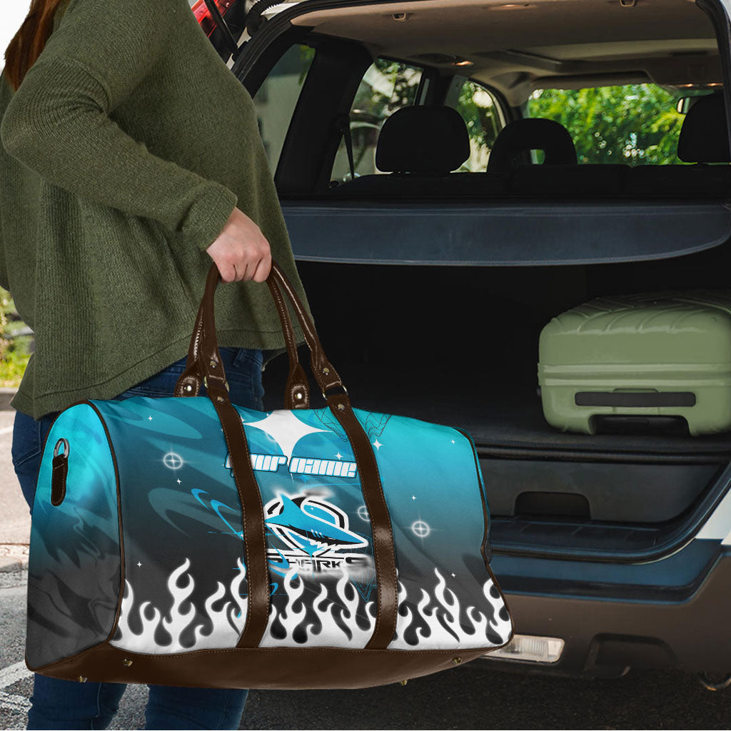 Personalized Cronulla-Sutherland Sharks Travel Bag Y2K Grunge Aesthetic With Cyber Flames and Starburst Graphics