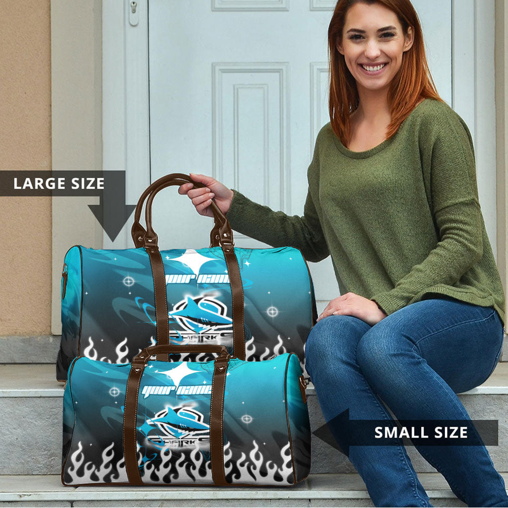 Personalized Cronulla-Sutherland Sharks Travel Bag Y2K Grunge Aesthetic With Cyber Flames and Starburst Graphics