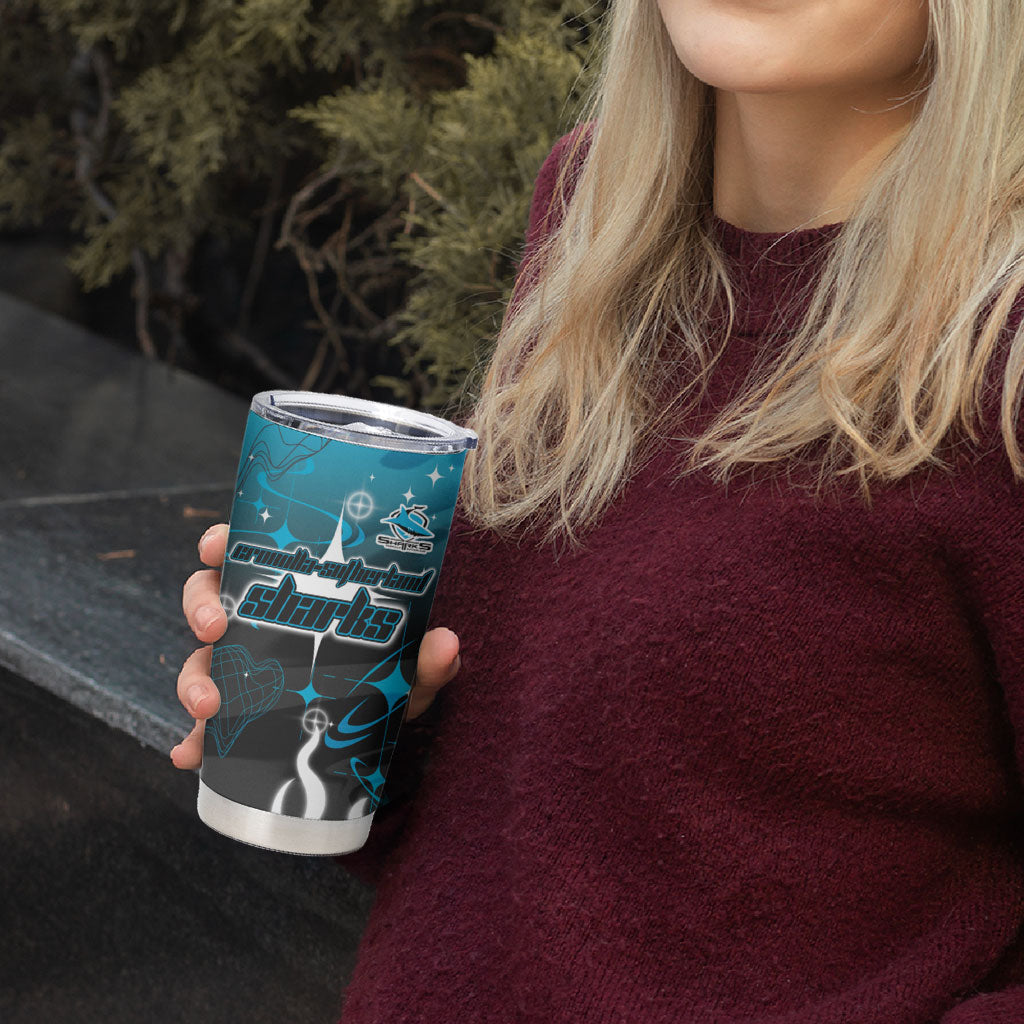 Personalized Cronulla-Sutherland Sharks Tumbler Cup Y2K Grunge Aesthetic With Cyber Flames and Starburst Graphics