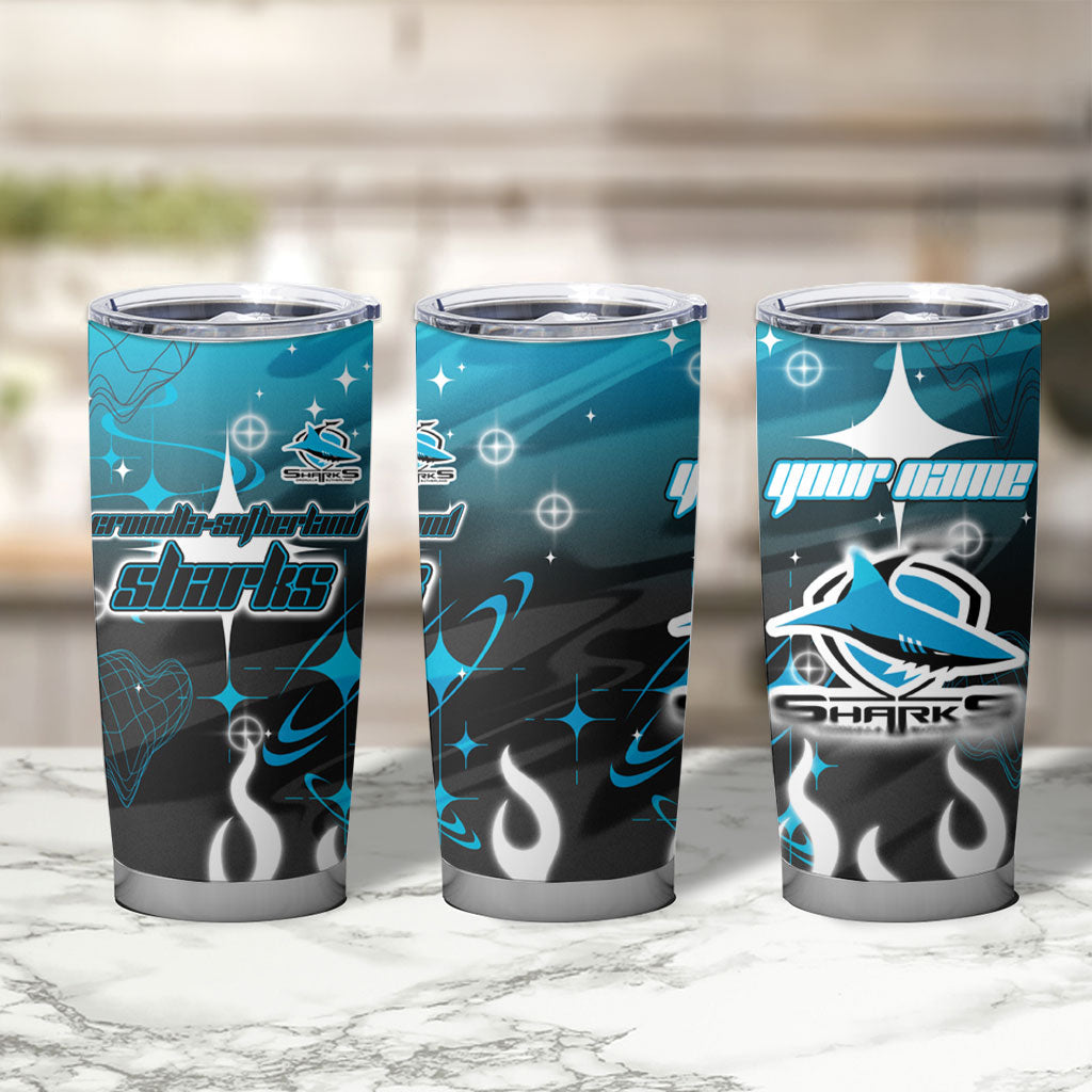 Personalized Cronulla-Sutherland Sharks Tumbler Cup Y2K Grunge Aesthetic With Cyber Flames and Starburst Graphics