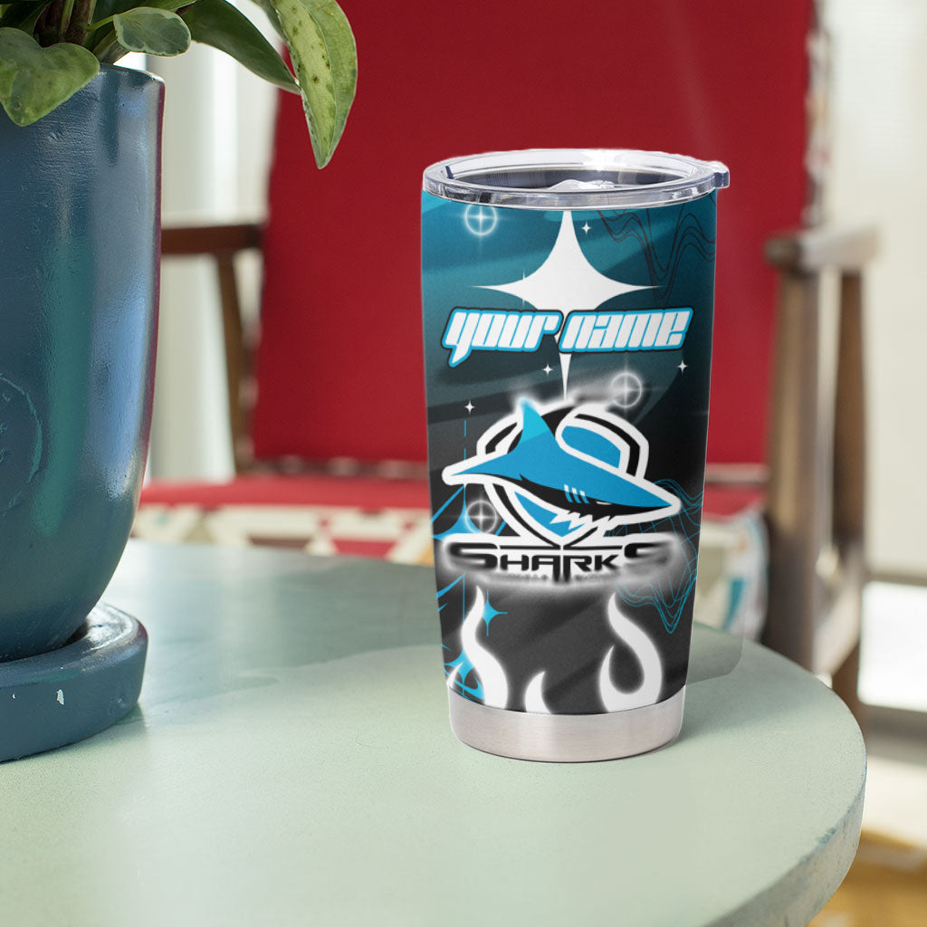 Personalized Cronulla-Sutherland Sharks Tumbler Cup Y2K Grunge Aesthetic With Cyber Flames and Starburst Graphics
