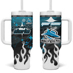 Personalized Cronulla-Sutherland Sharks Tumbler With Handle Y2K Grunge Aesthetic With Cyber Flames and Starburst Graphics