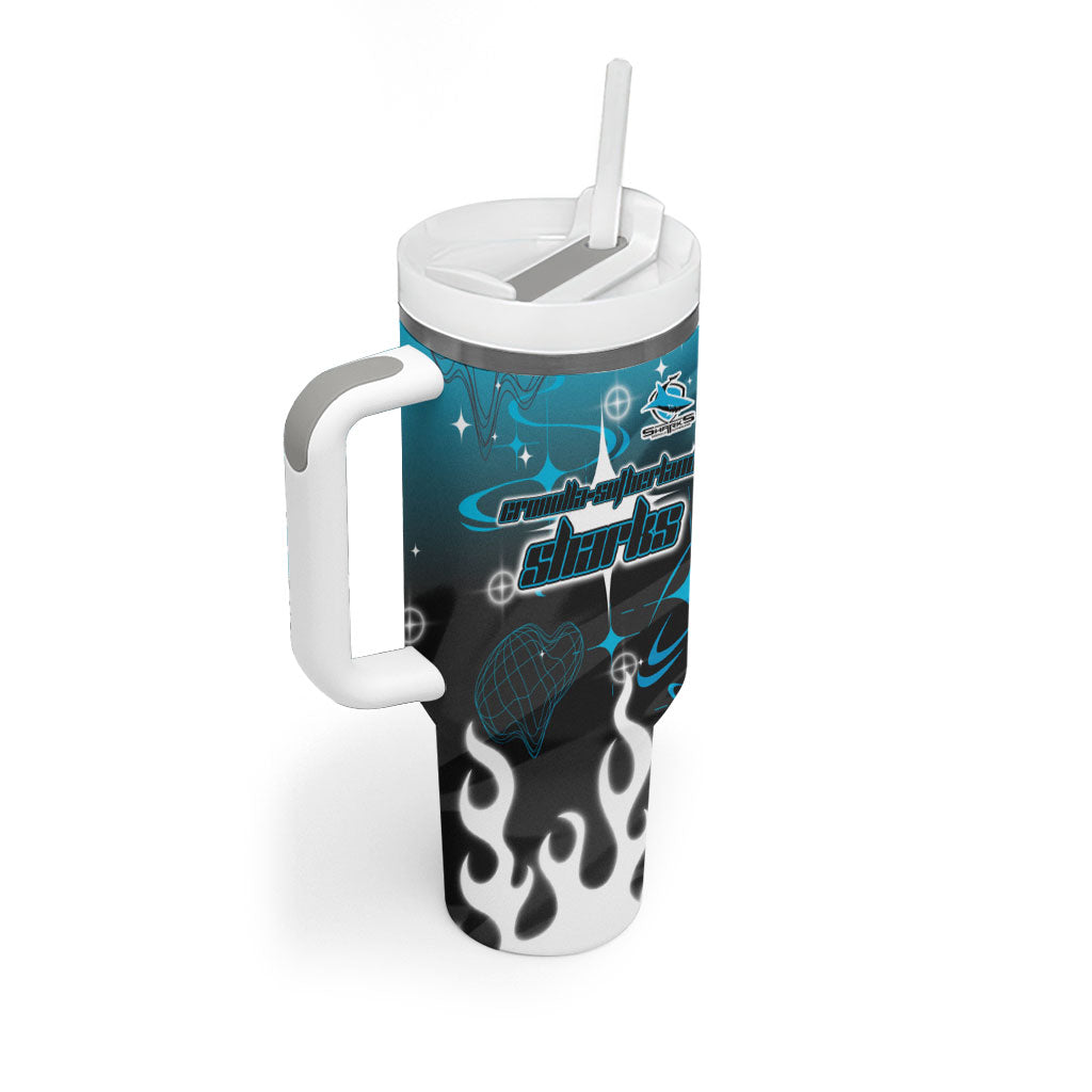 Personalized Cronulla-Sutherland Sharks Tumbler With Handle Y2K Grunge Aesthetic With Cyber Flames and Starburst Graphics