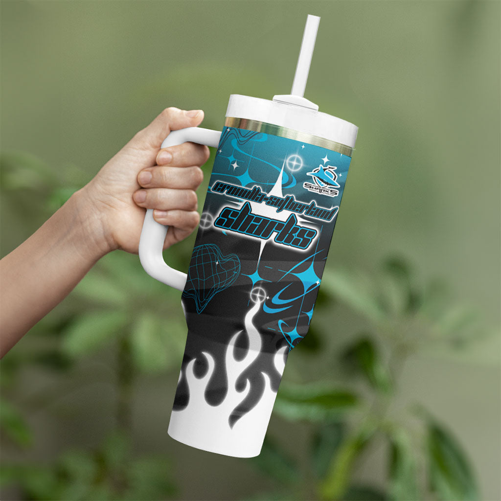 Personalized Cronulla-Sutherland Sharks Tumbler With Handle Y2K Grunge Aesthetic With Cyber Flames and Starburst Graphics