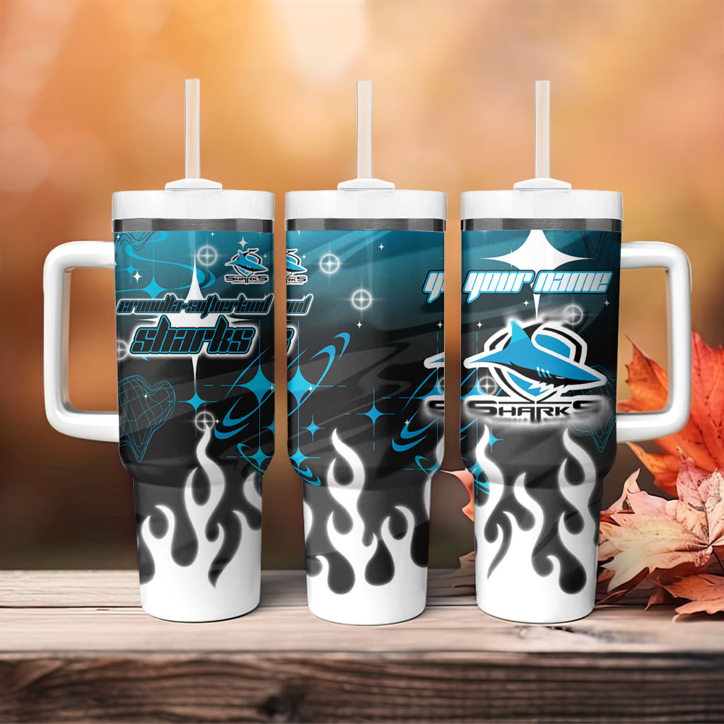 Personalized Cronulla-Sutherland Sharks Tumbler With Handle Y2K Grunge Aesthetic With Cyber Flames and Starburst Graphics